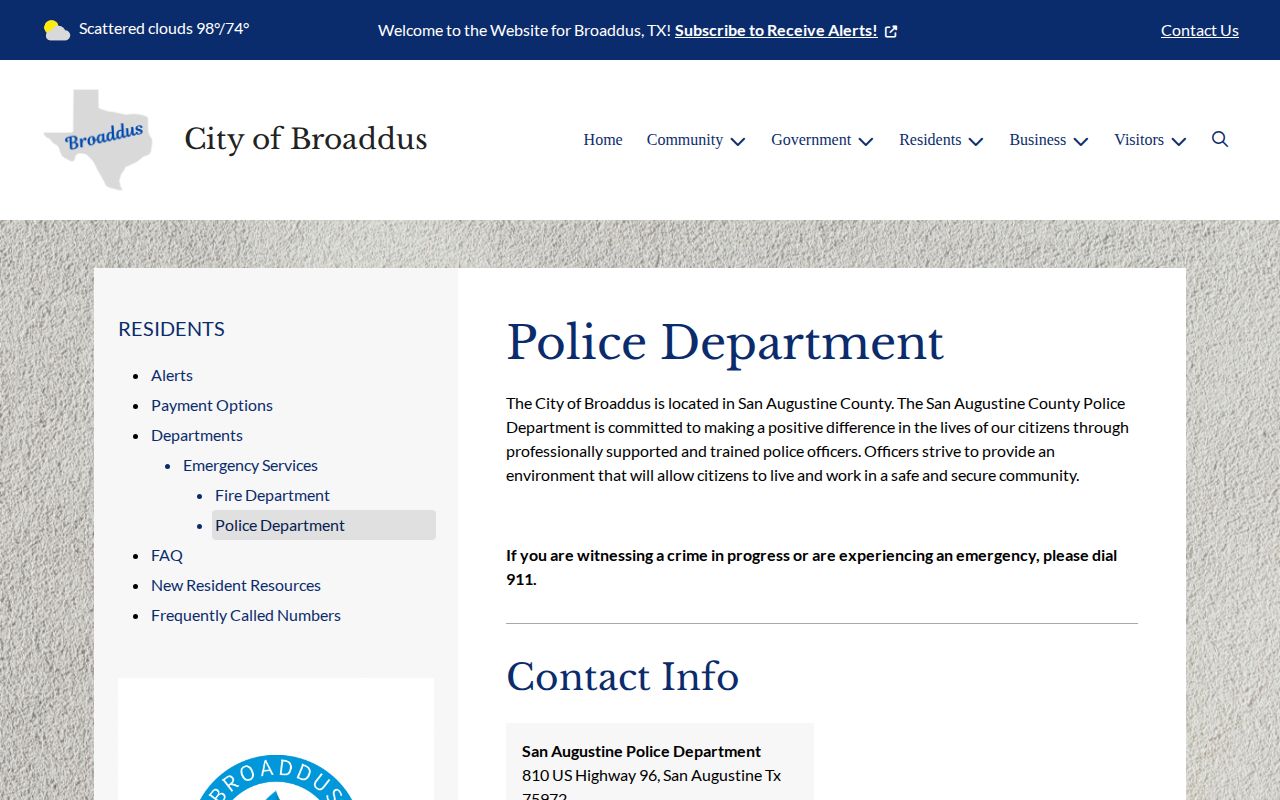 Broaddus police routing page for arrest-record contacts