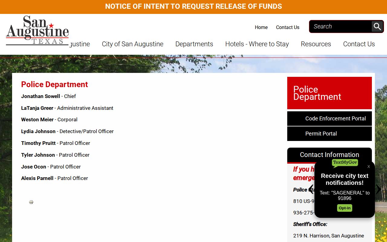 San Augustine Police Department arrest-record contact page